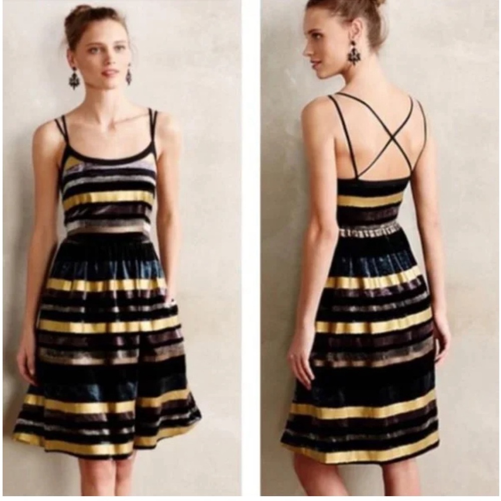 Anthropologie Wolven Cross Back Striped Velvet/ Gold Metallic Dress Size 6